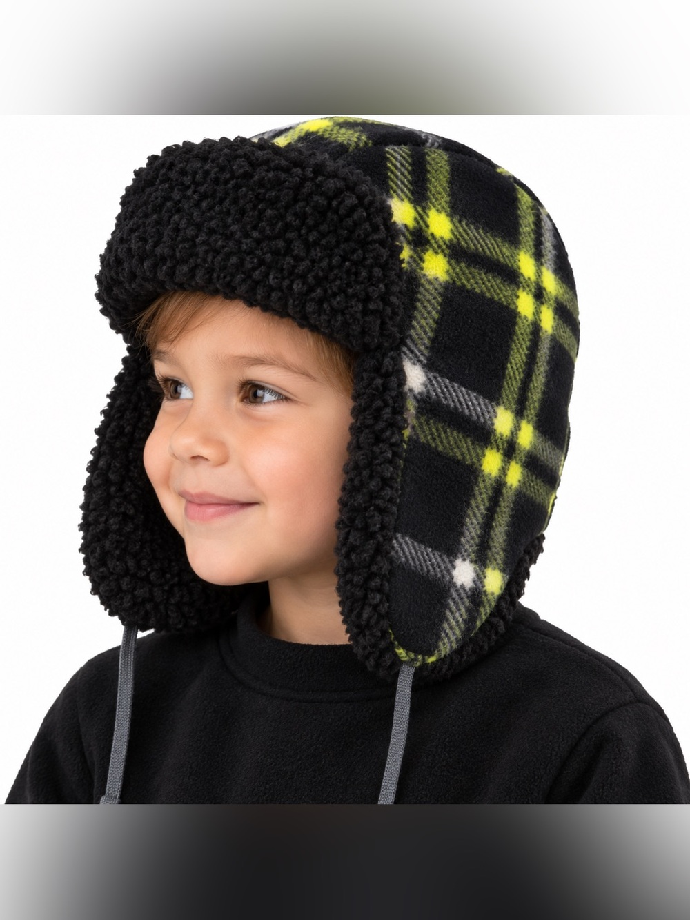 Kids Neon Plaid Sherpa Trapper Hat Black Yellow Size 2T–5T
